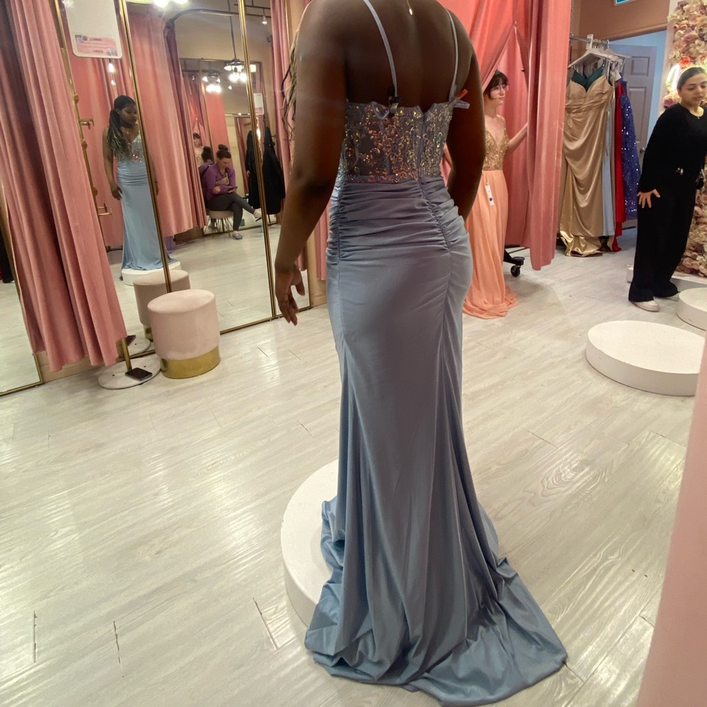 Blue Embellished Ruched Sweetheart Prom Gown - Picture 3 of 3